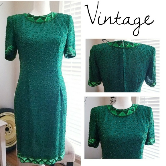 Vintage Dresses & Skirts - Vintage Emerald Sequins Dress